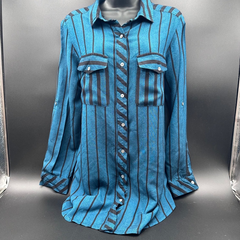 Intro Blue Black‎ Western Striped Button Up Long Sleeve Shirt Women's Size M